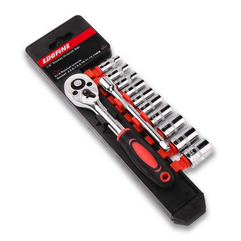Egofine 12pcs 1/4 Inch Mini Ratchet Socket Wrench Set, Drive Socket Set with 10 Sockets (4-13mm) and 2 Way Quick Released Ratchet Handle and Extension Bar - Image 1